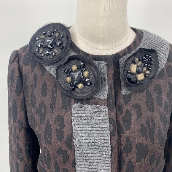 BCBGMAXAZRIA Blazer Convertible Jeweled Pins Wool Knit Trim Leopard Womens XS - Picture 3 of 15